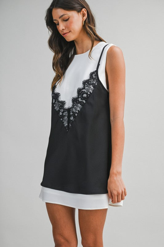 Solid Sleeveless Dress With Contrast Lace Overlay