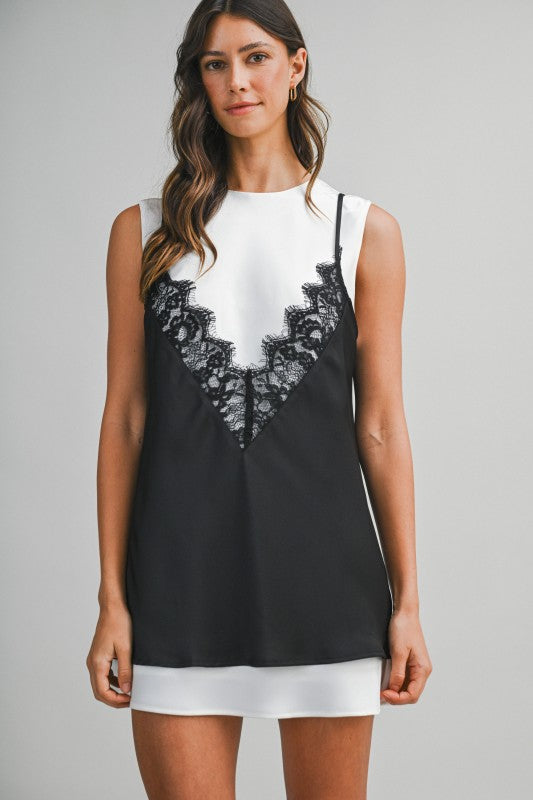 Solid Sleeveless Dress With Contrast Lace Overlay