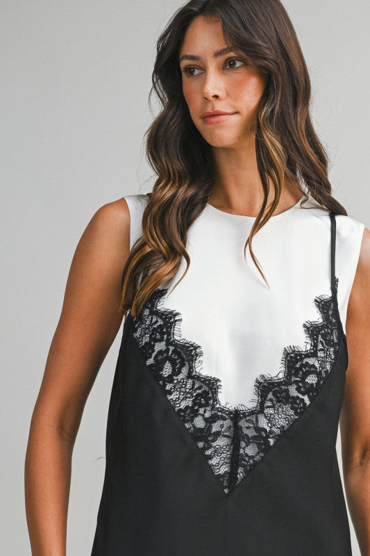 Solid Sleeveless Dress With Contrast Lace Overlay