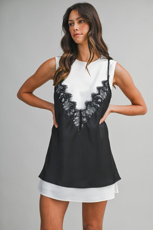 Solid Sleeveless Dress With Contrast Lace Overlay