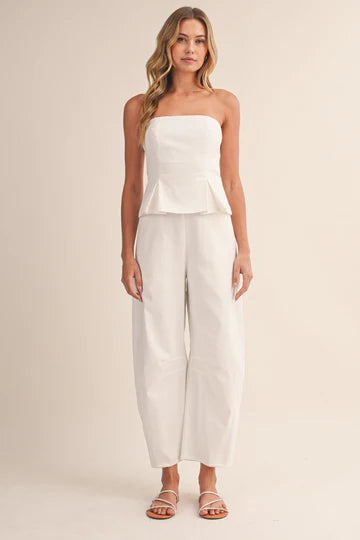 Pleated Strapless Peplum Barrel Jumpsuit