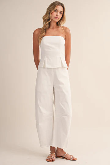 Pleated Strapless Peplum Barrel Jumpsuit
