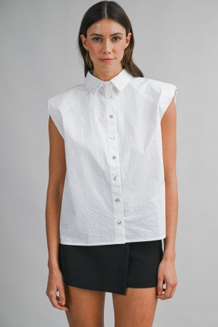 Collared Shoulder Pad Button Down Shirt Top