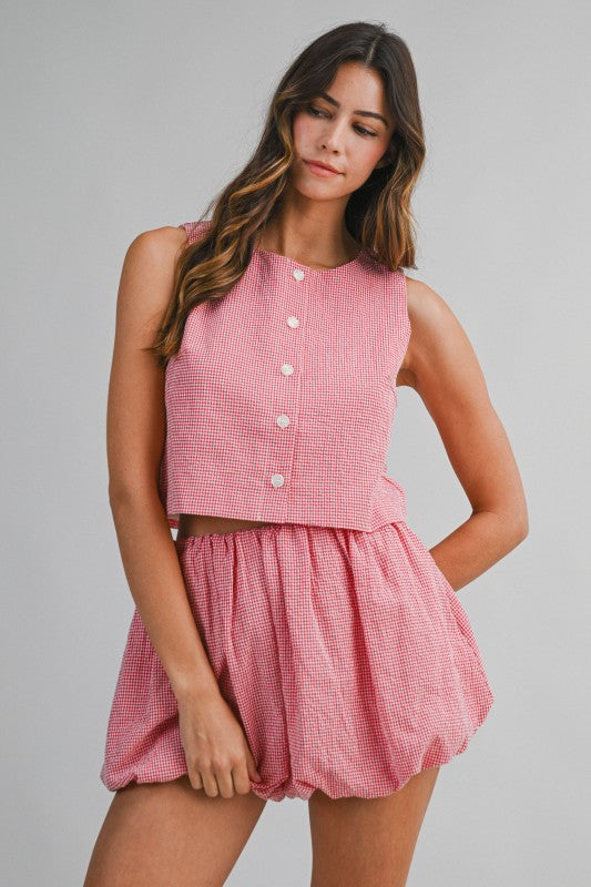 Gingham Plaid Top And Bubble Shorts Set