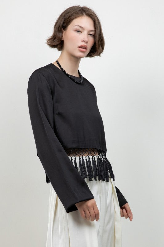 Black Satin Tassel Top
