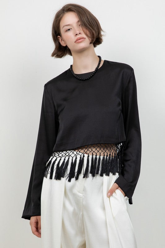 Black Satin Tassel Top