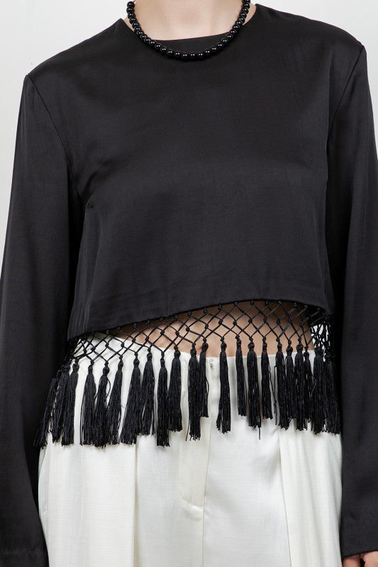 Black Satin Tassel Top