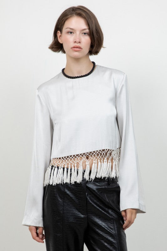 Grey Satin Tassel Top