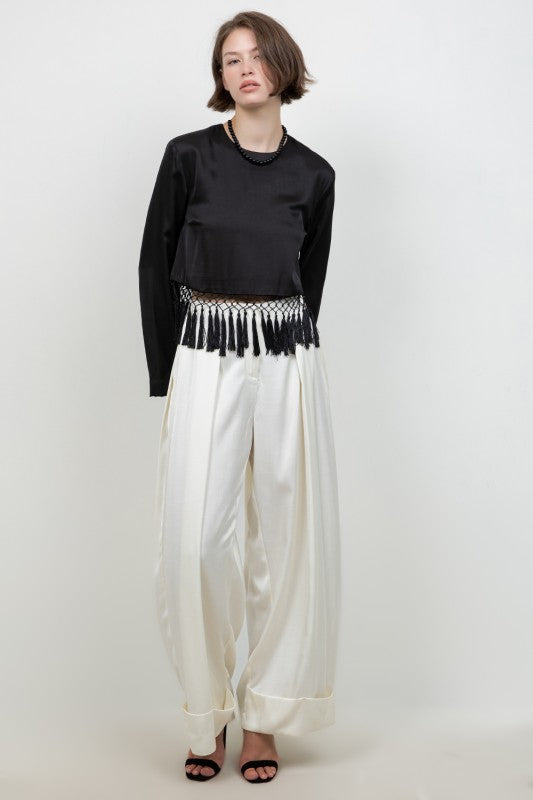 Black Satin Tassel Top