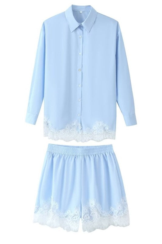 Lace Trim Shirt And Shorts Set