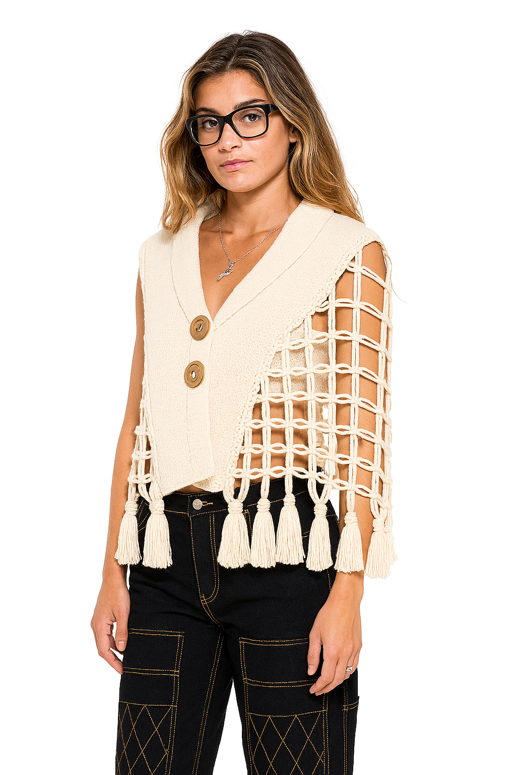 Cream Macrame Tassel Buttoned Cape Vest Top