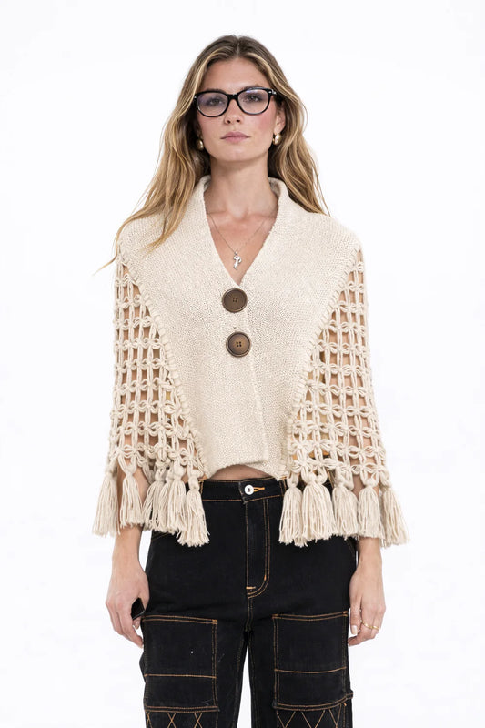 Cream Macrame Tassel Buttoned Cape Vest Top
