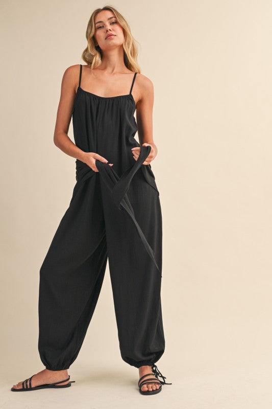 Black Jumpsuit with Waist Scarf