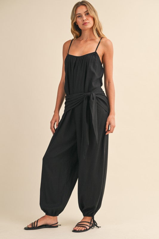 Black Jumpsuit with Waist Scarf