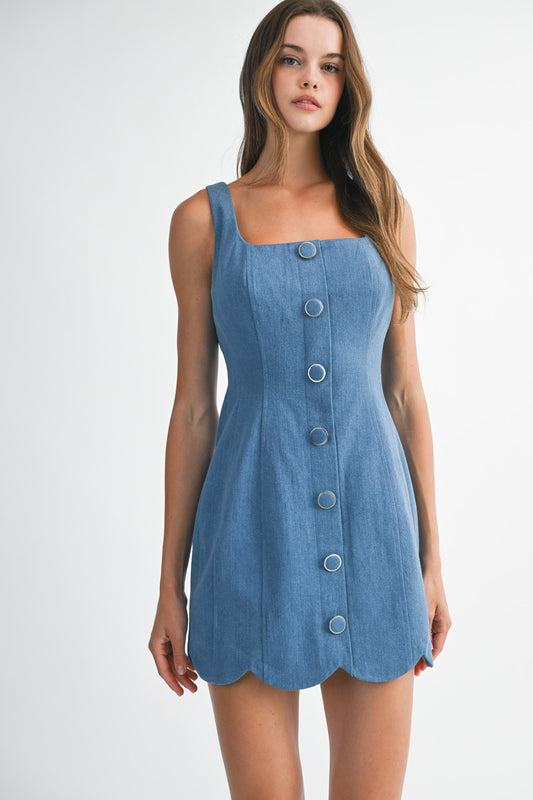Denim Square Neckline Scallop Hem Dress