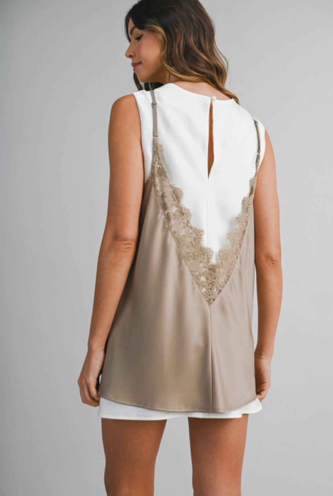 Solid Sleeveless Dress With Contrast Lace Overlay