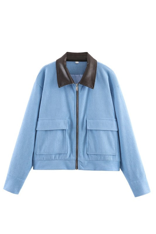 Faux Leather Collar Corduroy Jacket