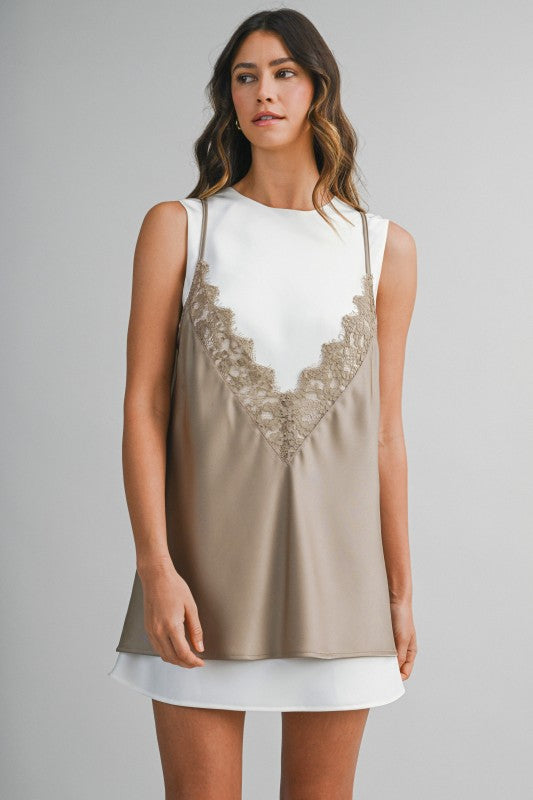 Solid Sleeveless Dress With Contrast Lace Overlay