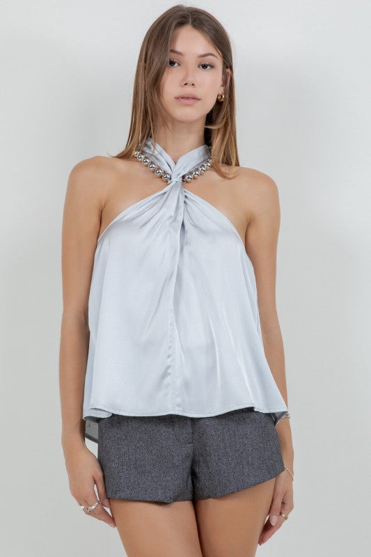 Satin Tank Top With Metallic Silver Beading Accent