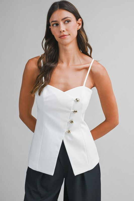 Adjustable Strap Sweetheart Neckline Button Up Top