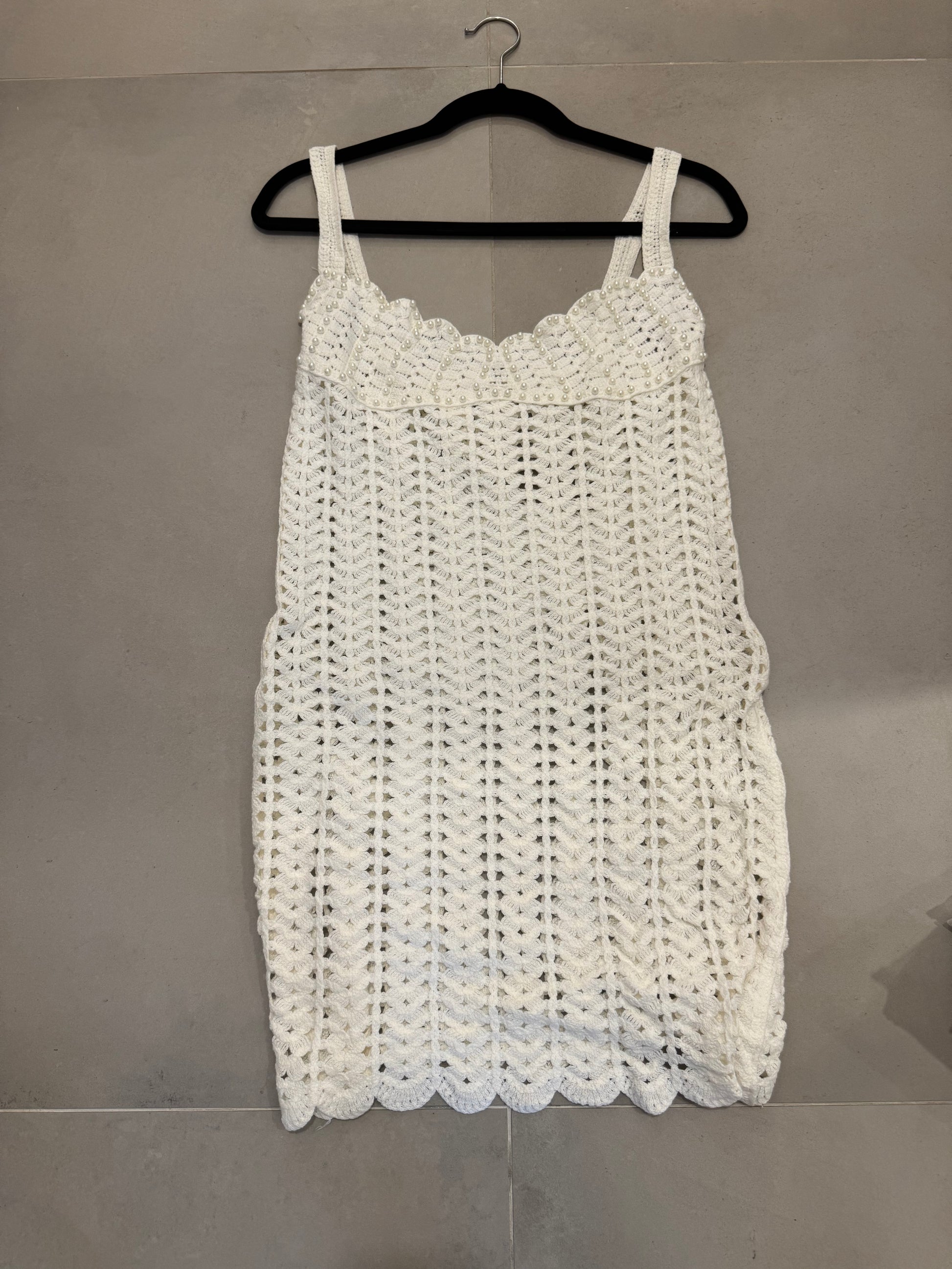 White Crochet Spaghetti Strap Pearl Hollow Out Dress ONE ELEVEN White Crochet Spaghetti Strap Pearl Hollow Out Dress ONE ELEVEN