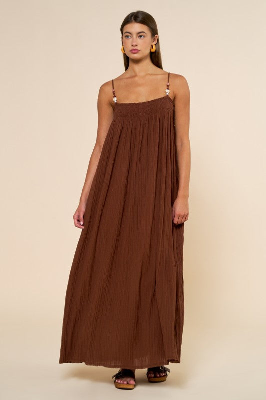 Smocked Maxi Dress With Beaded Straps