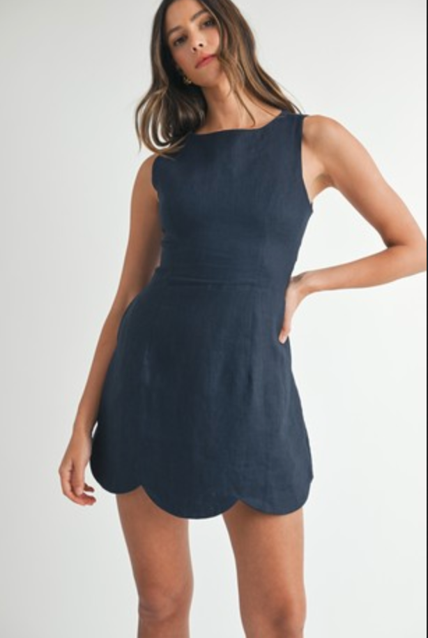 Linen Mini Dress With Scallop Hem