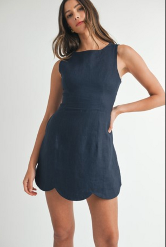 Linen Mini Dress With Scallop Hem