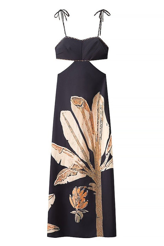 Printed Shoulder Tie Waist Cut Out Dress